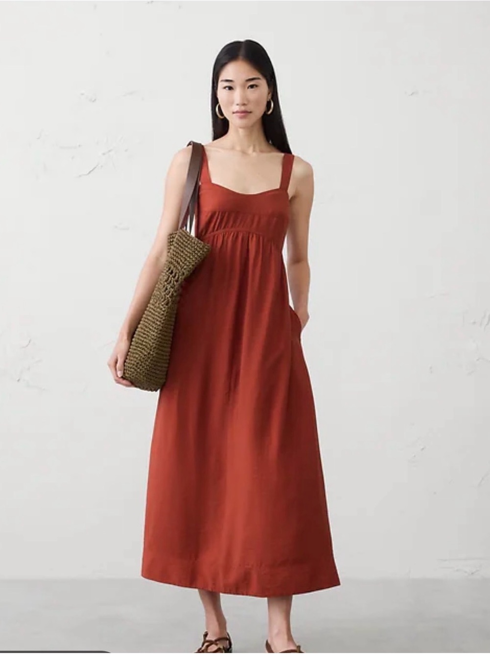Banana Republic Factory,XL,tandoori red/rust color,gathered empire-waist midi
